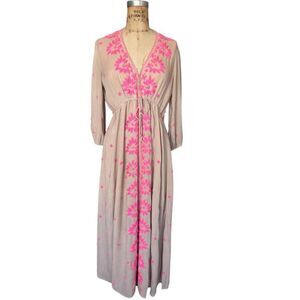 FREE PEOPLE Taupe Maxi Dress with Pink Floral Embroidery Size S